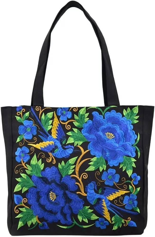 Ethnic Style Embroidery Shoulder Bag Handbag Retro Peony Tote Shopping Bag Large Capacity Literary Canvas Bag Crossbody Hobo Crossbody Bag for Women