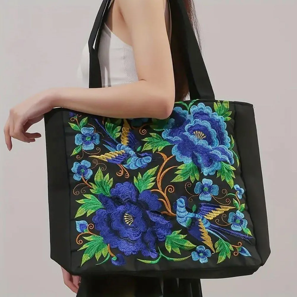 Ethnic Style Embroidery Shoulder Bag Handbag Retro Peony Tote Shopping Bag Large Capacity Literary Canvas Bag Crossbody Hobo Crossbody Bag for Women