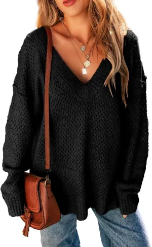 EVALESS Sweaters for Women 2024 Fall Winter Long Sleeve V Neck Crochet Sweater Hollow Out Knitwear Pullover Jumper Tops