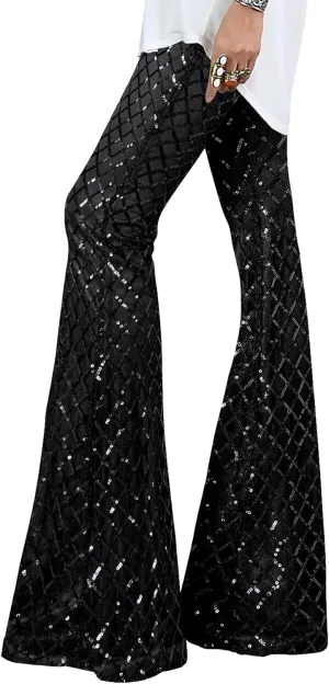EVALESS Women Sequin Pants Sparkly Glitter High Waisted Wide Leg Flare Trousers Bell Bottom Night Out Clubwear