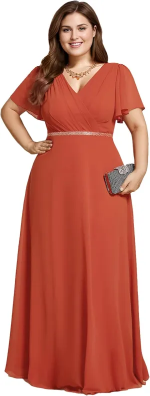 Ever-Pretty Beading Waist A Line Short Sleeves Chiffon Plus Size Maxi Formal Evening Dresses for Curvy Women 11981-DA