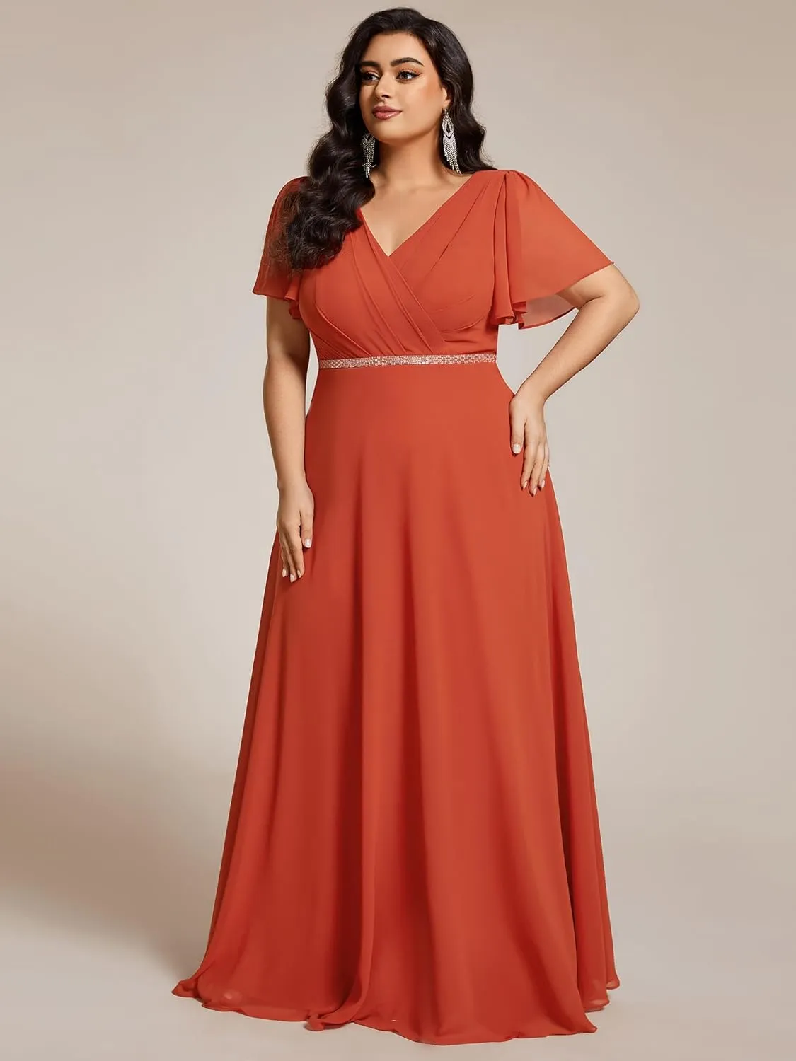 Ever-Pretty Beading Waist A Line Short Sleeves Chiffon Plus Size Maxi Formal Evening Dresses for Curvy Women 11981-DA
