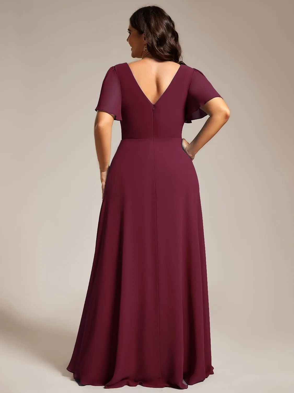 Ever-Pretty Beading Waist A Line Short Sleeves Chiffon Plus Size Maxi Formal Evening Dresses for Curvy Women 11981-DA