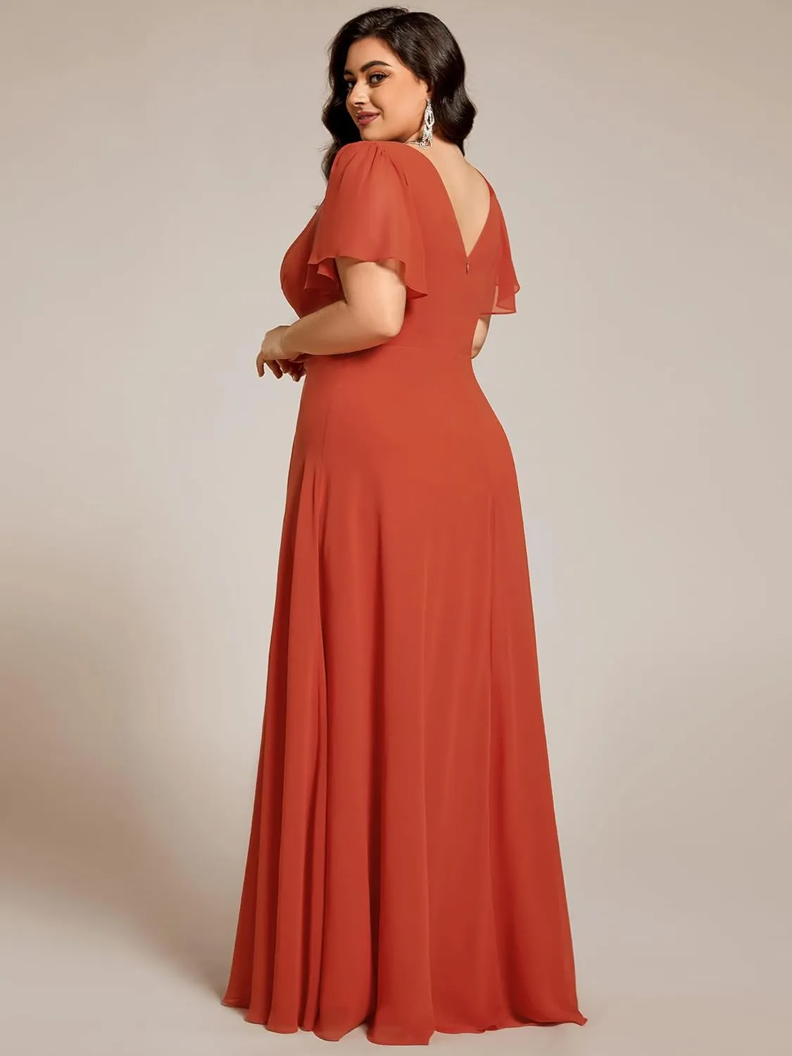 Ever-Pretty Beading Waist A Line Short Sleeves Chiffon Plus Size Maxi Formal Evening Dresses for Curvy Women 11981-DA
