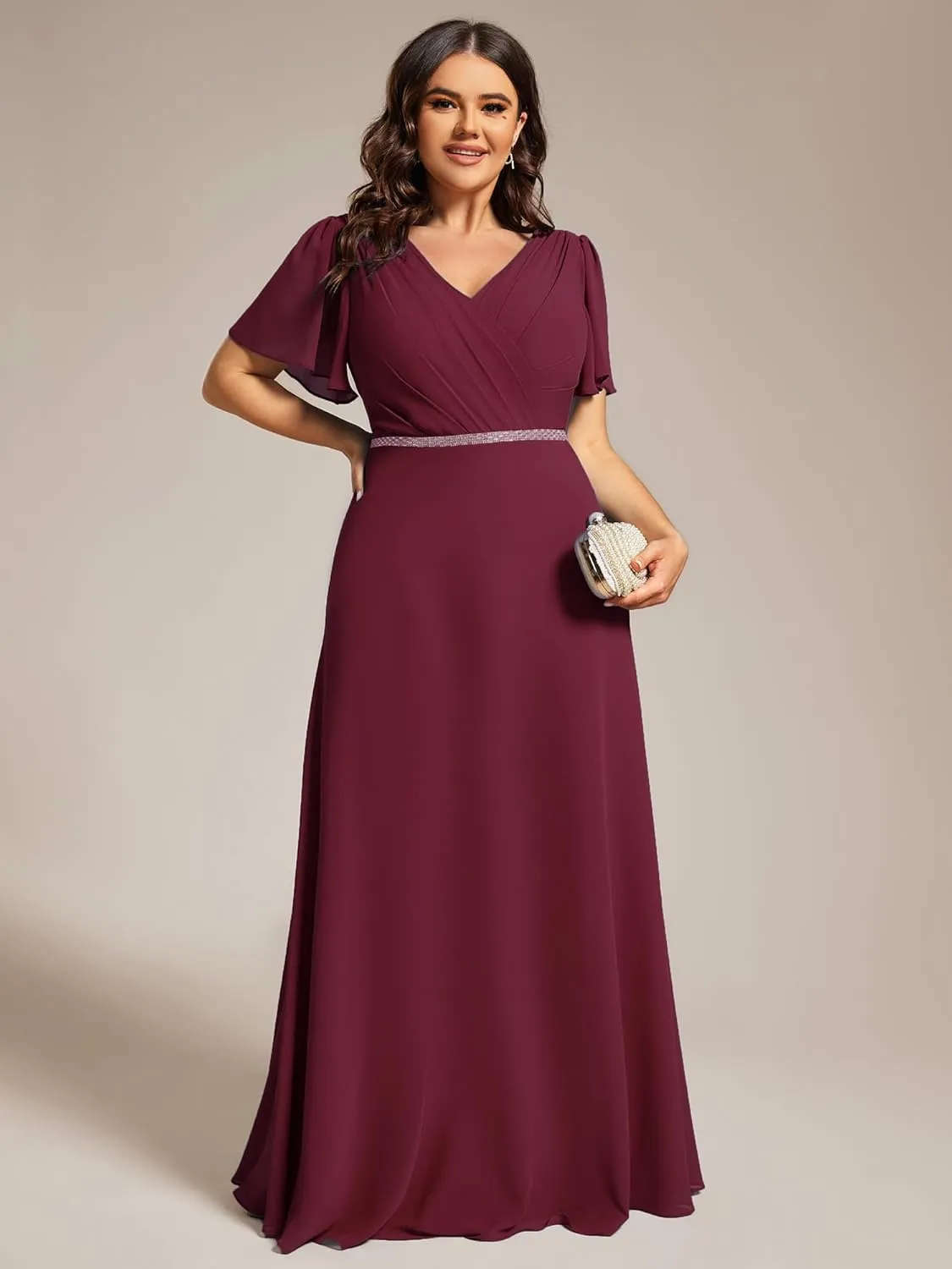 Ever-Pretty Beading Waist A Line Short Sleeves Chiffon Plus Size Maxi Formal Evening Dresses for Curvy Women 11981-DA