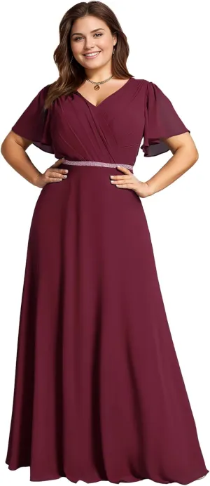 Ever-Pretty Beading Waist A Line Short Sleeves Chiffon Plus Size Maxi Formal Evening Dresses for Curvy Women 11981-DA