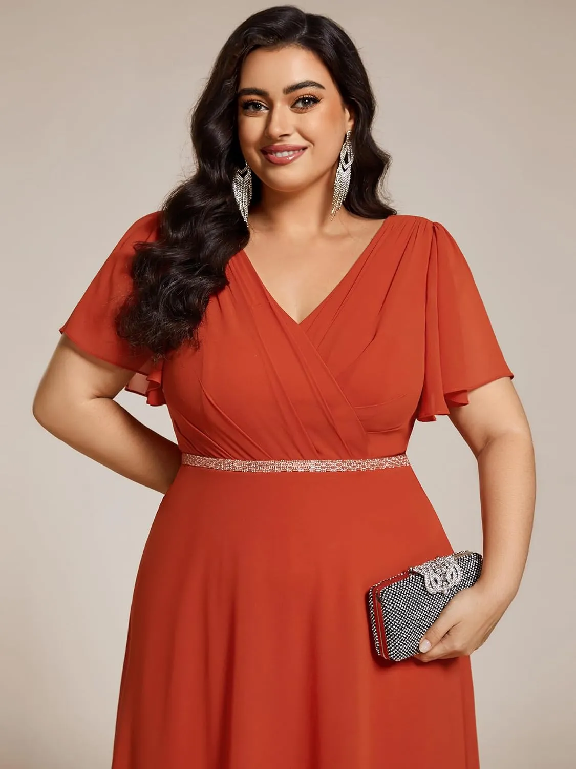 Ever-Pretty Beading Waist A Line Short Sleeves Chiffon Plus Size Maxi Formal Evening Dresses for Curvy Women 11981-DA