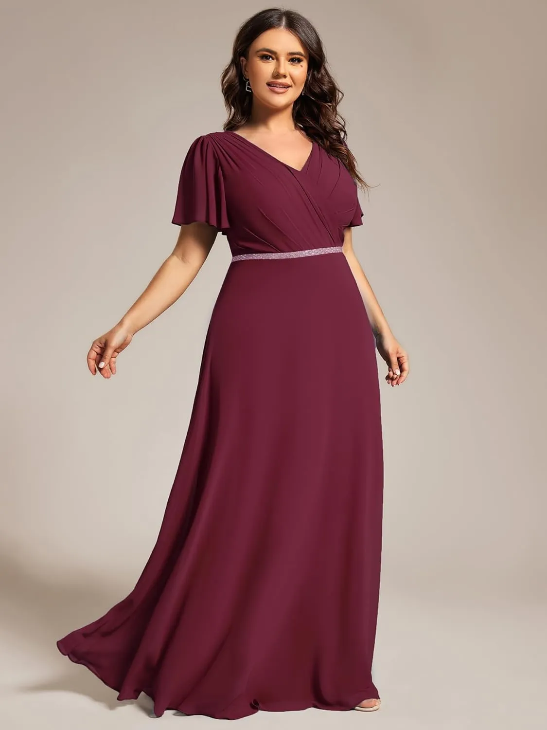 Ever-Pretty Beading Waist A Line Short Sleeves Chiffon Plus Size Maxi Formal Evening Dresses for Curvy Women 11981-DA