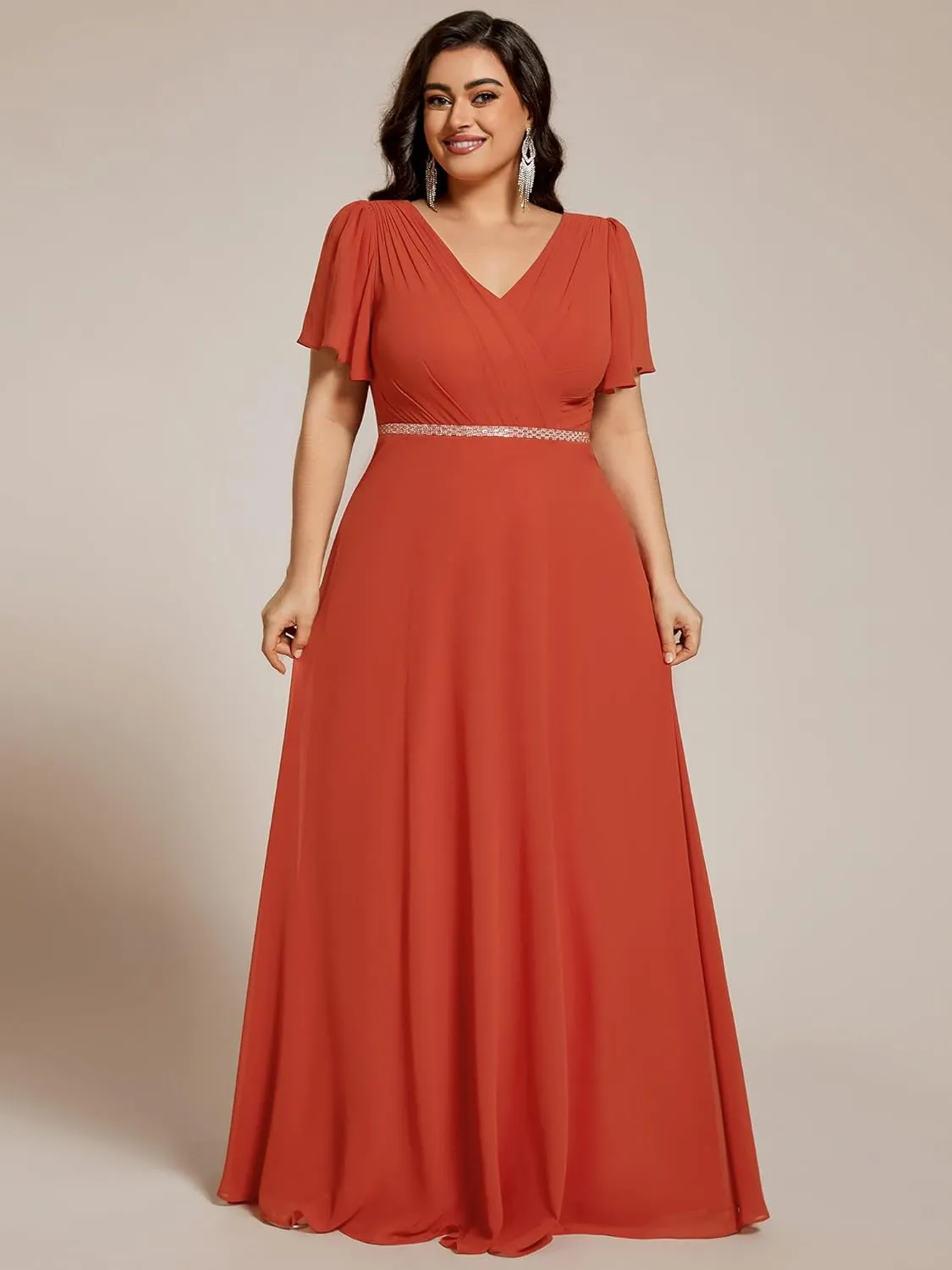 Ever-Pretty Beading Waist A Line Short Sleeves Chiffon Plus Size Maxi Formal Evening Dresses for Curvy Women 11981-DA