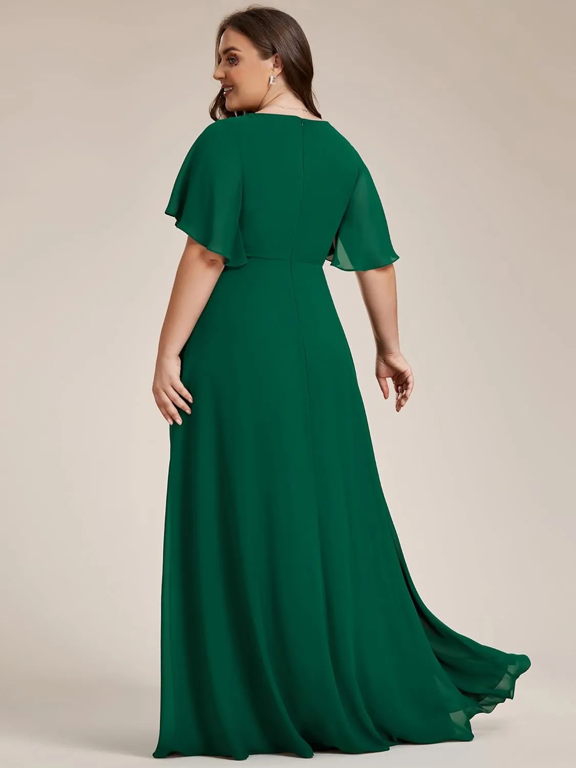 Ever-Pretty Chiffon V Neck Short Sleeves Appliques Plus Size Formal Dresses for Curvy Women Evening Gowns 01960-DA