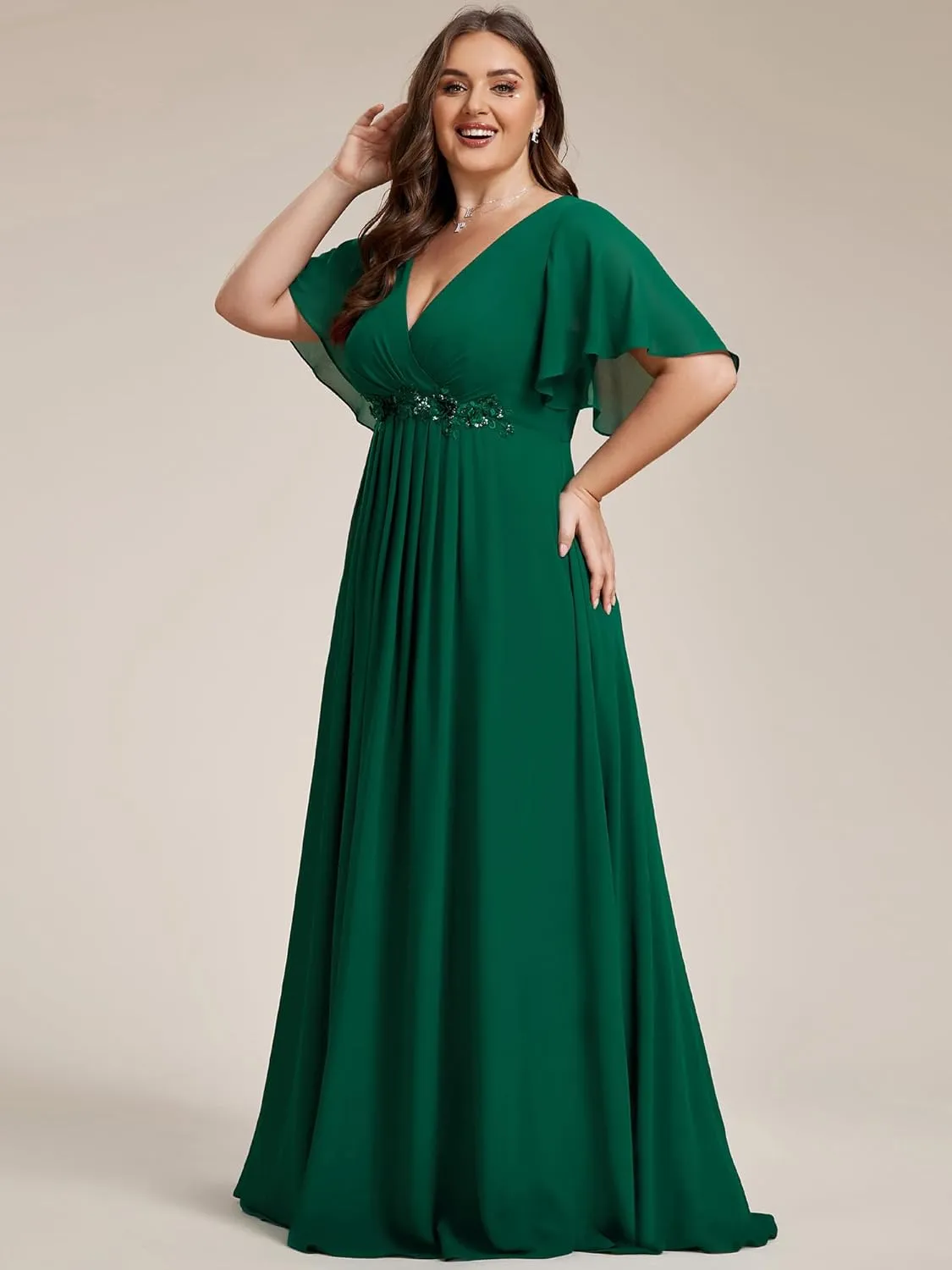 Ever-Pretty Chiffon V Neck Short Sleeves Appliques Plus Size Formal Dresses for Curvy Women Evening Gowns 01960-DA