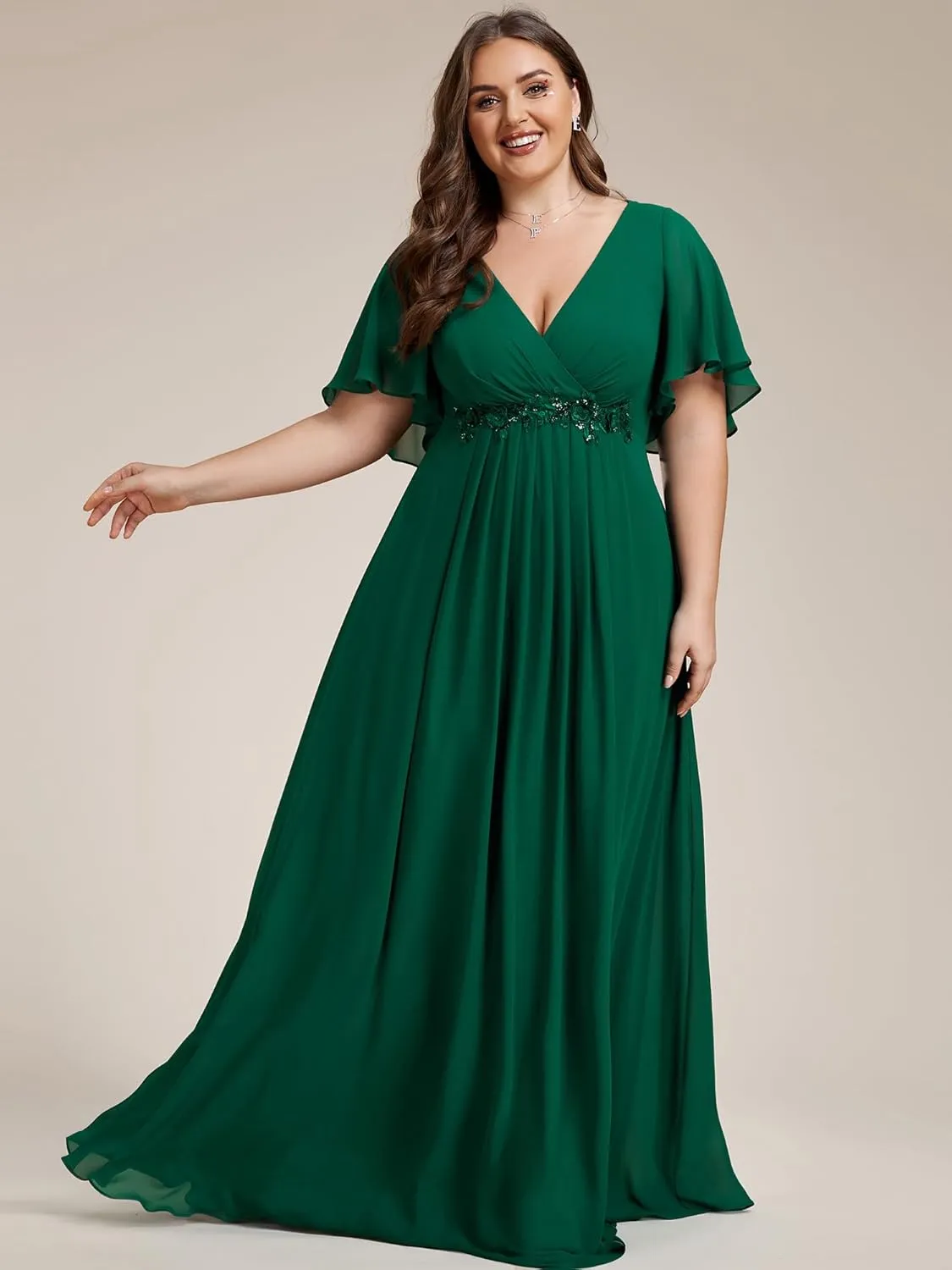 Ever-Pretty Chiffon V Neck Short Sleeves Appliques Plus Size Formal Dresses for Curvy Women Evening Gowns 01960-DA