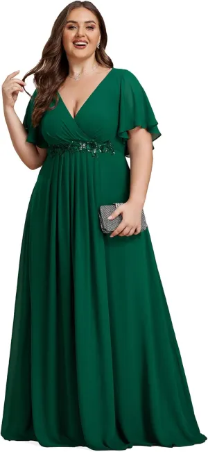 Ever-Pretty Chiffon V Neck Short Sleeves Appliques Plus Size Formal Dresses for Curvy Women Evening Gowns 01960-DA