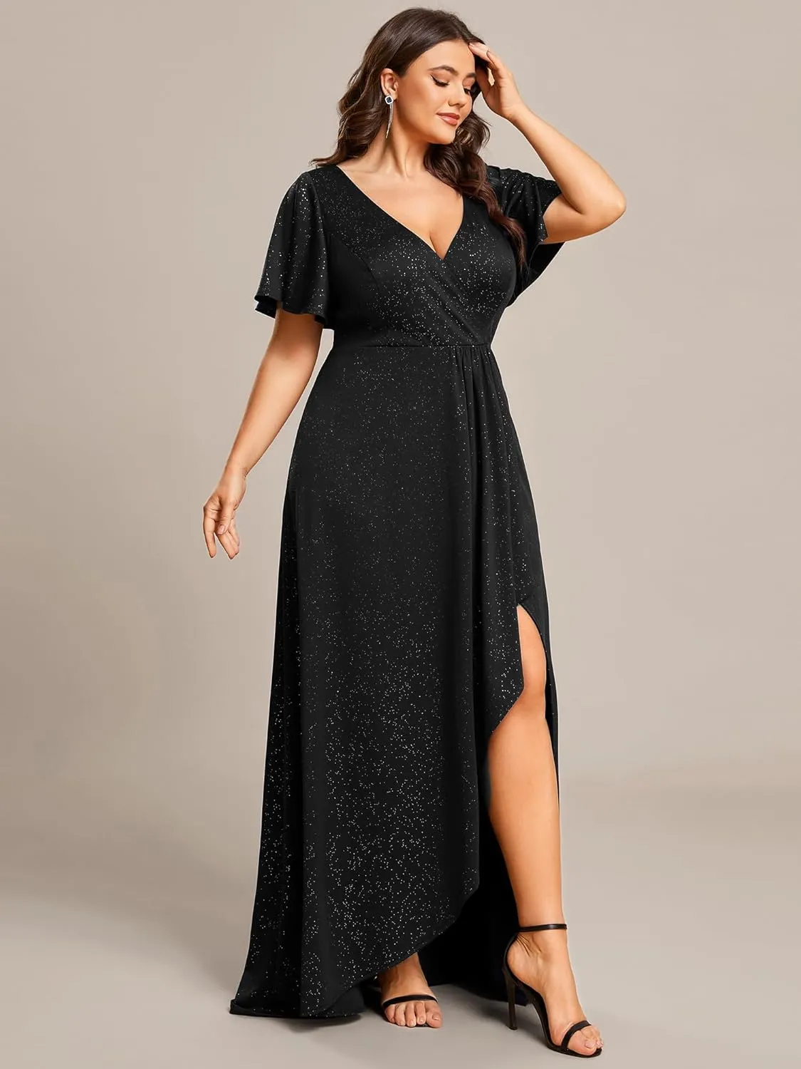 Ever-Pretty Plus Sparkle V Neck A Line Ruffle Sleeve High Low Glitter Cocktail Wedding Guest Dresses for Curvy Women