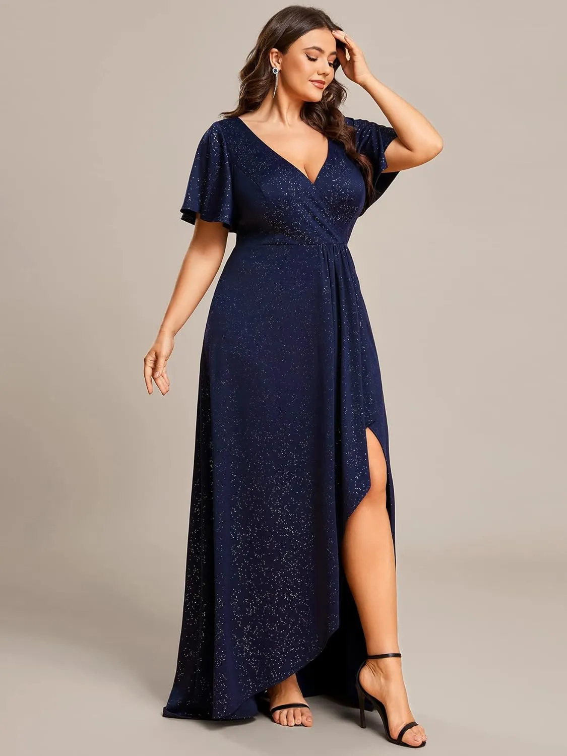 Ever-Pretty Plus Sparkle V Neck A Line Ruffle Sleeve High Low Glitter Cocktail Wedding Guest Dresses for Curvy Women