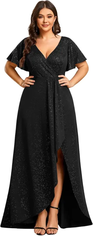 Ever-Pretty Plus Sparkle V Neck A Line Ruffle Sleeve High Low Glitter Cocktail Wedding Guest Dresses for Curvy Women