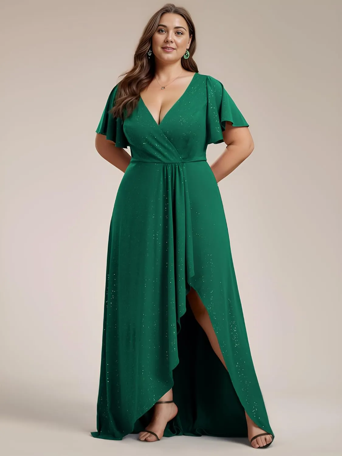 Ever-Pretty Plus Sparkle V Neck A Line Ruffle Sleeve High Low Glitter Cocktail Wedding Guest Dresses for Curvy Women
