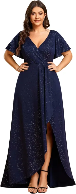 Ever-Pretty Plus Sparkle V Neck A Line Ruffle Sleeve High Low Glitter Cocktail Wedding Guest Dresses for Curvy Women