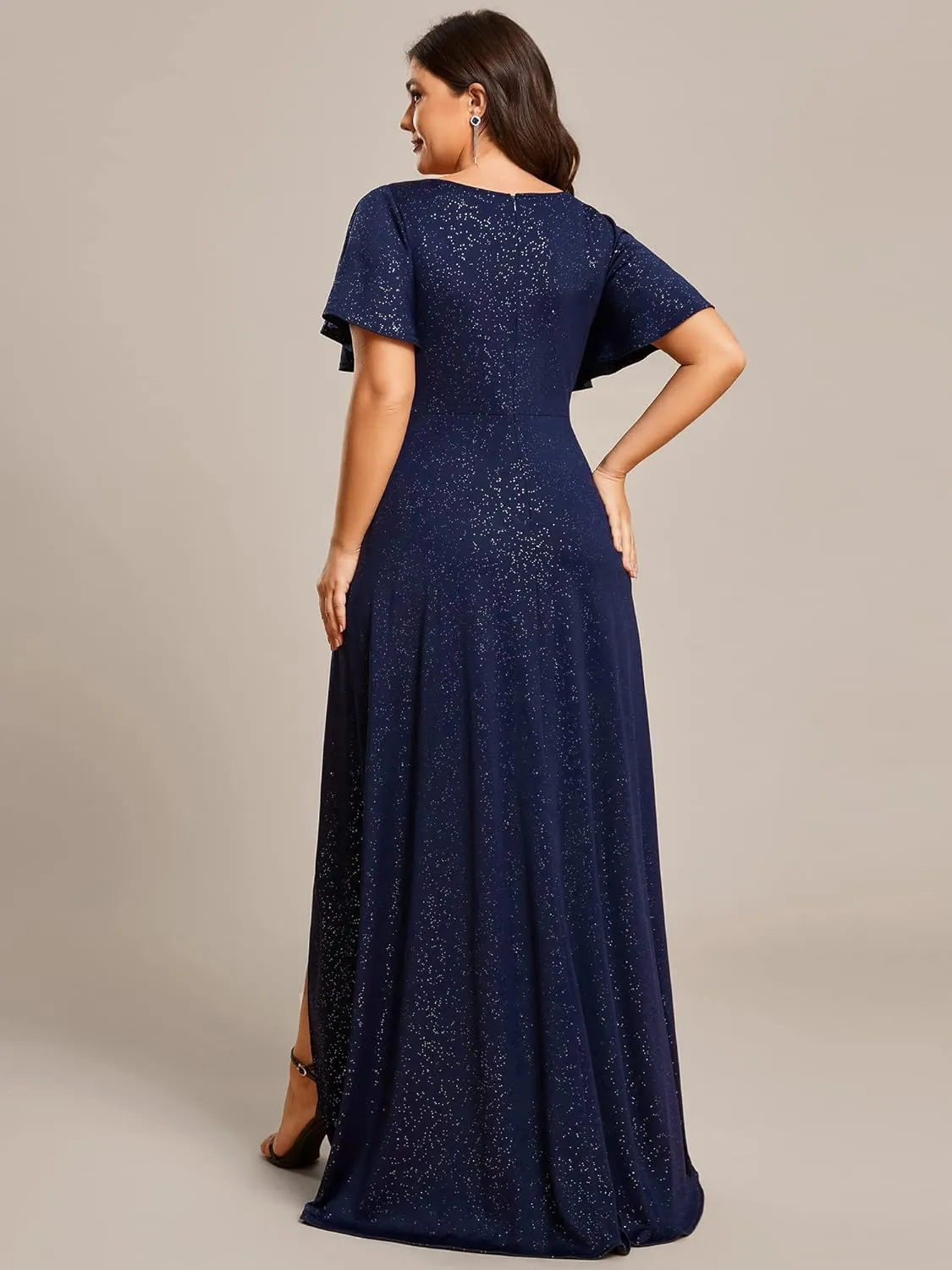 Ever-Pretty Plus Sparkle V Neck A Line Ruffle Sleeve High Low Glitter Cocktail Wedding Guest Dresses for Curvy Women