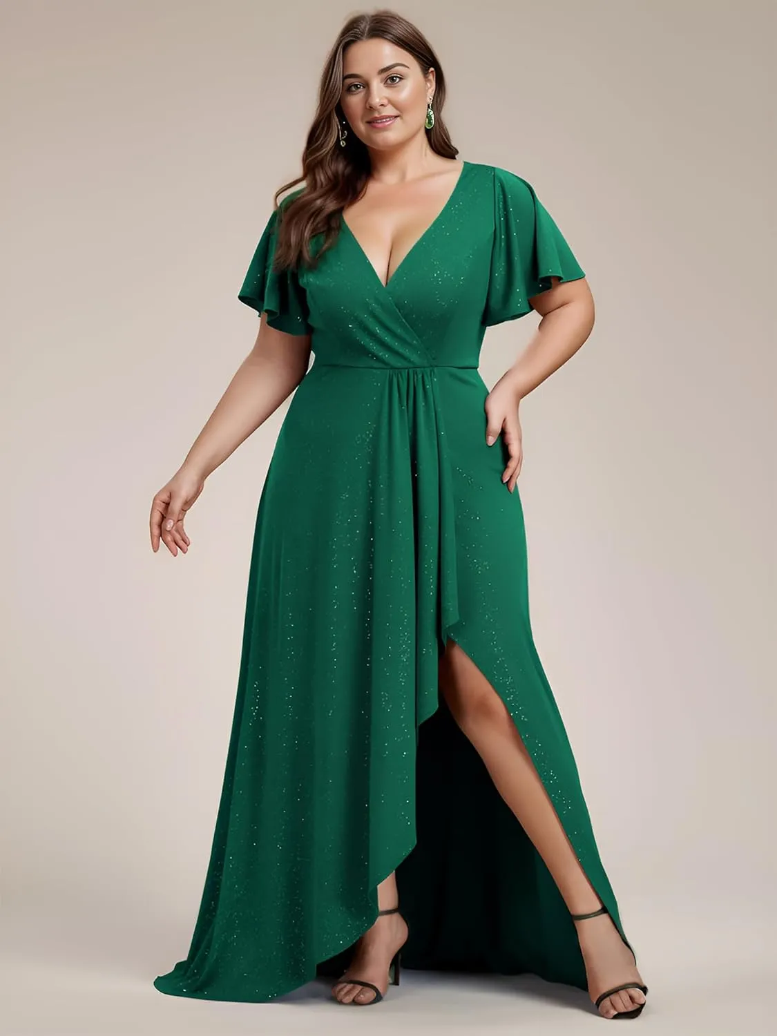 Ever-Pretty Plus Sparkle V Neck A Line Ruffle Sleeve High Low Glitter Cocktail Wedding Guest Dresses for Curvy Women