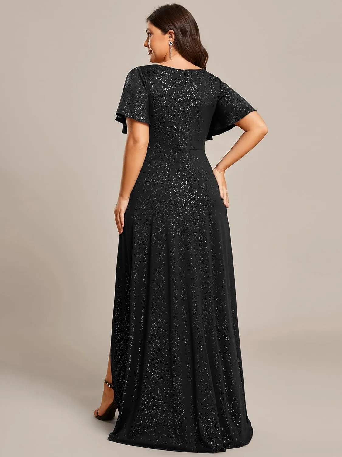Ever-Pretty Plus Sparkle V Neck A Line Ruffle Sleeve High Low Glitter Cocktail Wedding Guest Dresses for Curvy Women