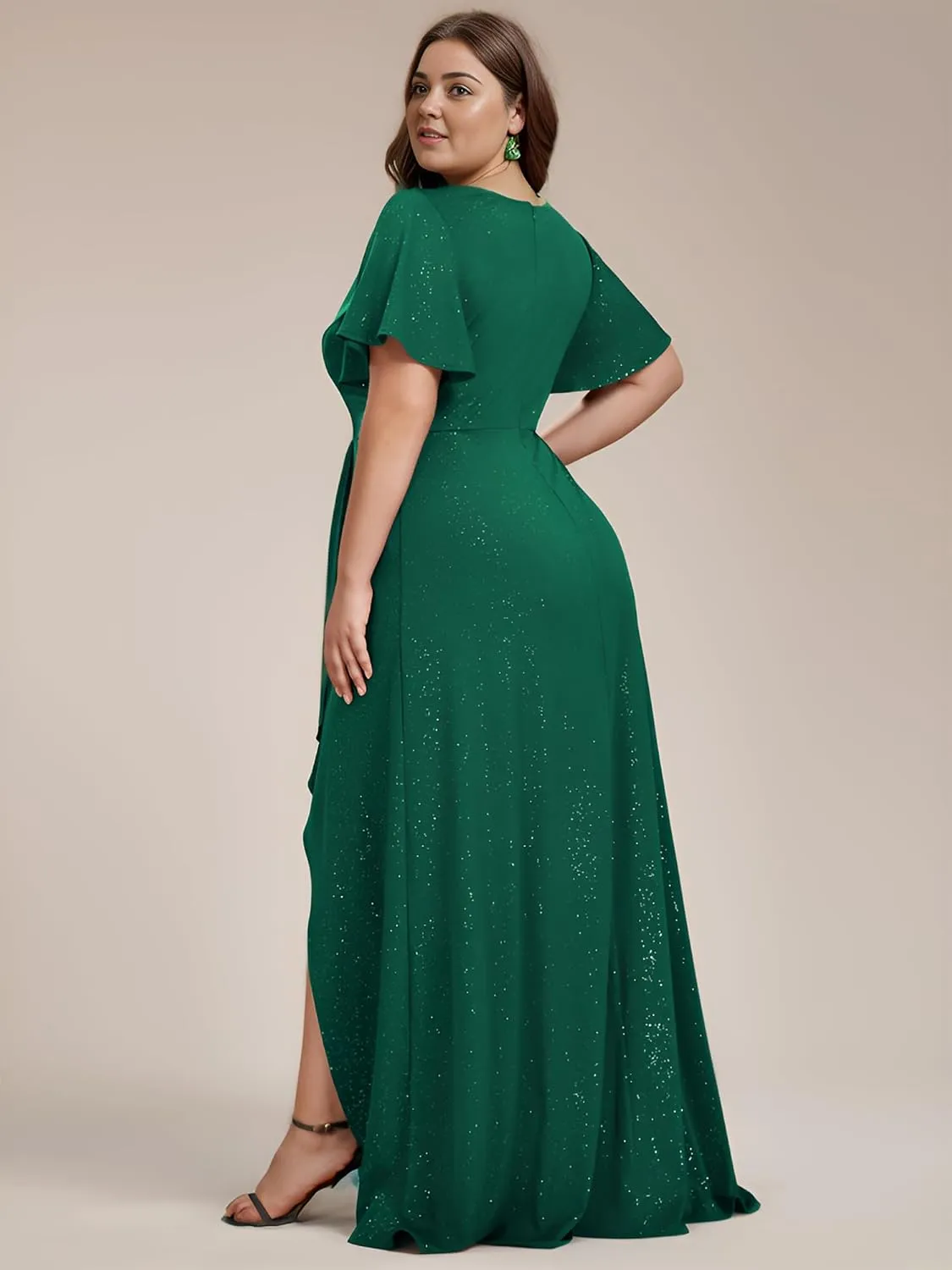 Ever-Pretty Plus Sparkle V Neck A Line Ruffle Sleeve High Low Glitter Cocktail Wedding Guest Dresses for Curvy Women