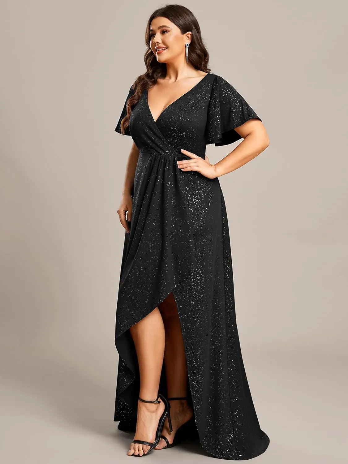 Ever-Pretty Plus Sparkle V Neck A Line Ruffle Sleeve High Low Glitter Cocktail Wedding Guest Dresses for Curvy Women