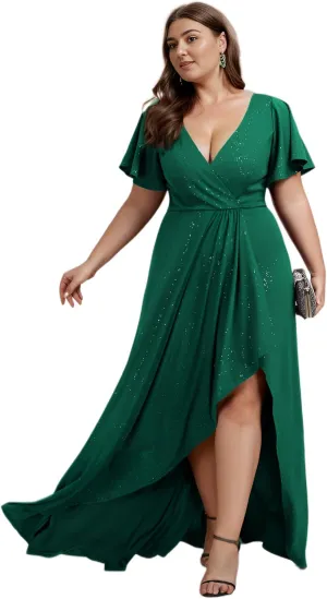 Ever-Pretty Plus Sparkle V Neck A Line Ruffle Sleeve High Low Glitter Cocktail Wedding Guest Dresses for Curvy Women