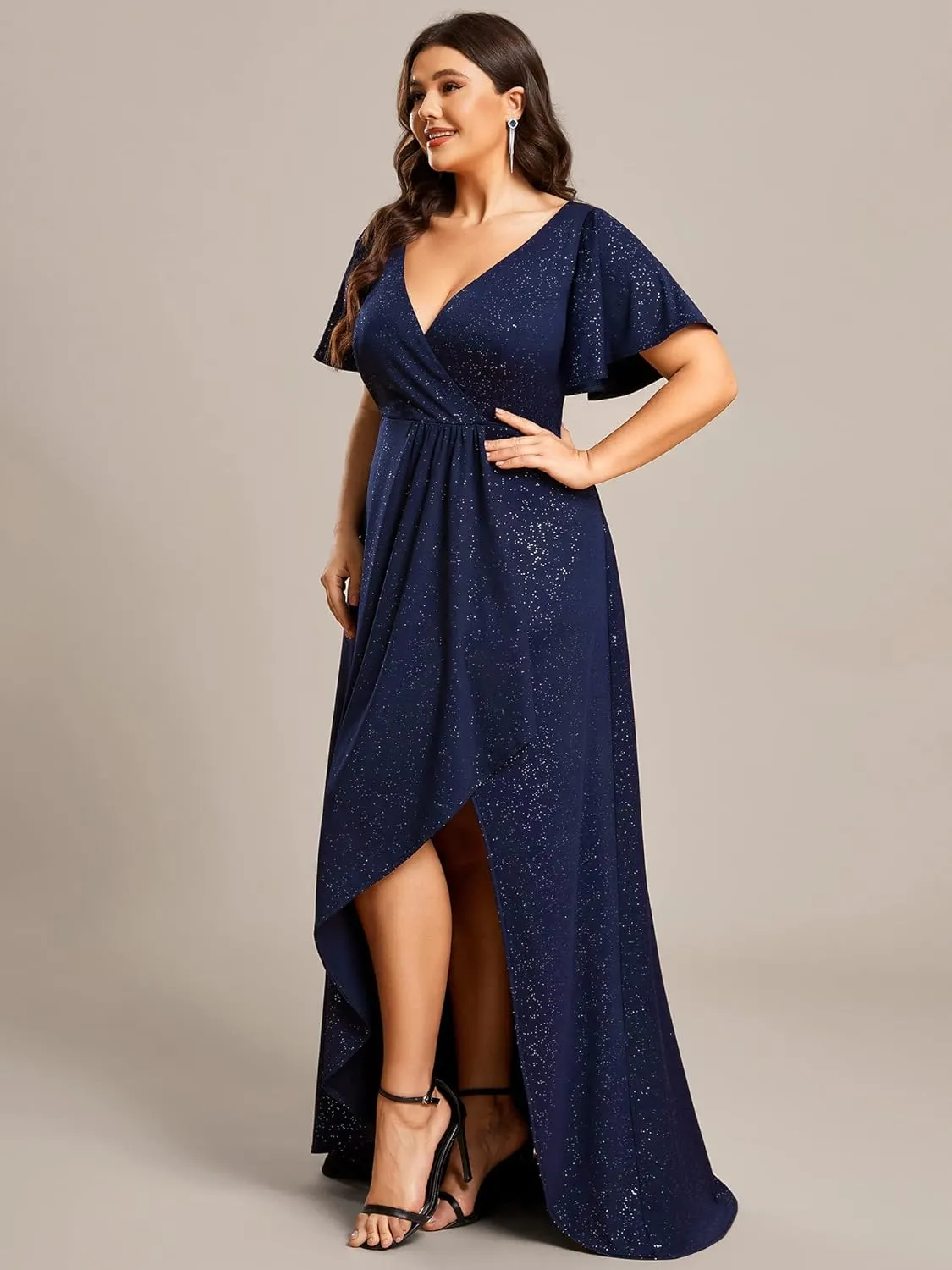 Ever-Pretty Plus Sparkle V Neck A Line Ruffle Sleeve High Low Glitter Cocktail Wedding Guest Dresses for Curvy Women
