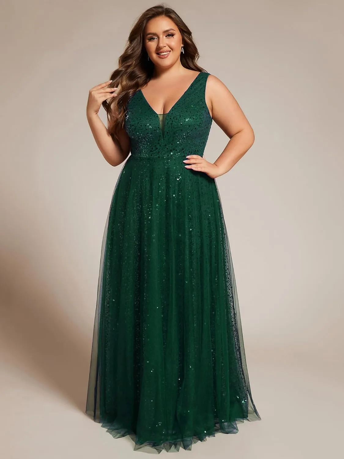 Ever-Pretty Plus Sparkle V Neck A Line Sleeveless Sequin Plus Size Prom Dresses Ball Gowns for Curvy Women 02163-DA