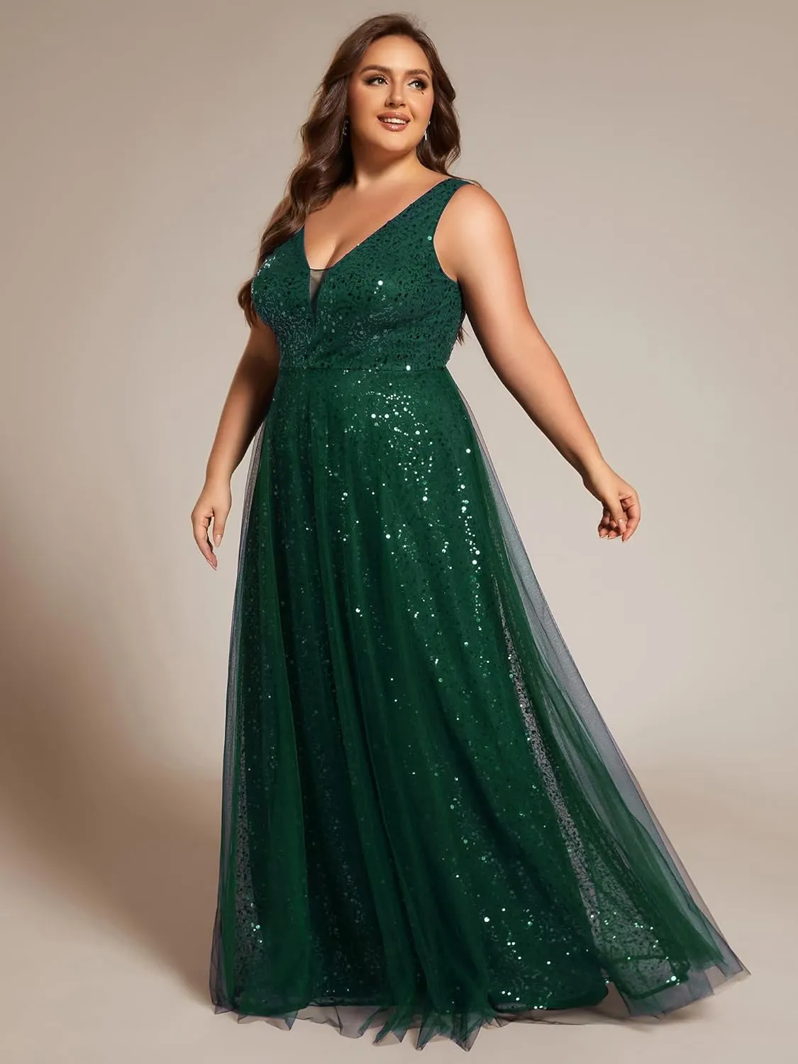 Ever-Pretty Plus Sparkle V Neck A Line Sleeveless Sequin Plus Size Prom Dresses Ball Gowns for Curvy Women 02163-DA