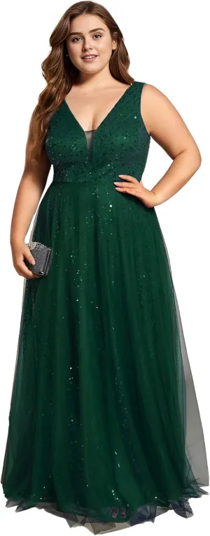 Ever-Pretty Plus Sparkle V Neck A Line Sleeveless Sequin Plus Size Prom Dresses Ball Gowns for Curvy Women 02163-DA