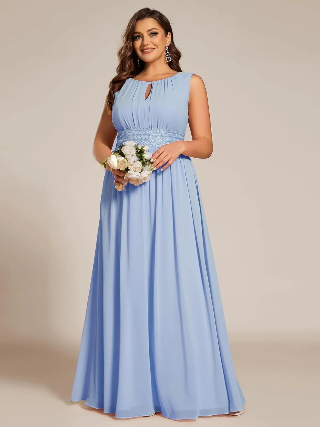 Ever-Pretty Plus Women's Round Neck A Line Sequin Waist Hollow Out Plus Size Chiffon Maxi Formal Bridesmaid Dresses 01955-DA