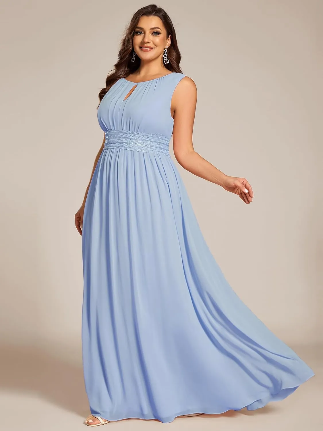 Ever-Pretty Plus Women's Round Neck A Line Sequin Waist Hollow Out Plus Size Chiffon Maxi Formal Bridesmaid Dresses 01955-DA