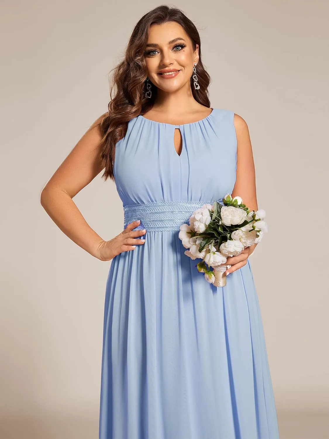 Ever-Pretty Plus Women's Round Neck A Line Sequin Waist Hollow Out Plus Size Chiffon Maxi Formal Bridesmaid Dresses 01955-DA