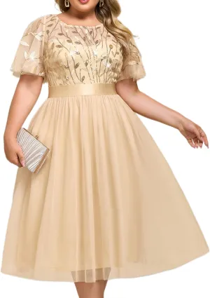 Ever-Pretty Plus Women's Round Neck Embroidery Short Sleeves Sequin Tulle Midi Plus Size Cocktail Wedding Guest Dresses