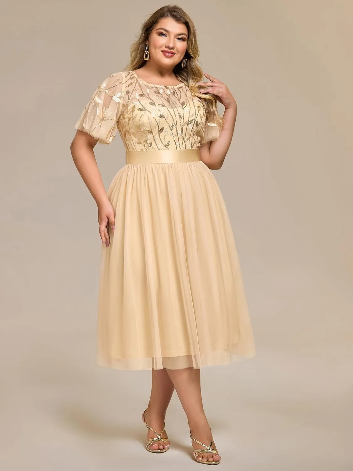Ever-Pretty Plus Women's Round Neck Embroidery Short Sleeves Sequin Tulle Midi Plus Size Cocktail Wedding Guest Dresses