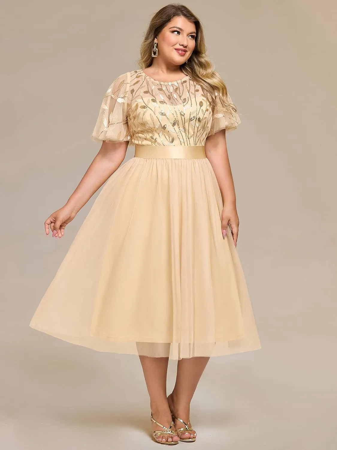 Ever-Pretty Plus Women's Round Neck Embroidery Short Sleeves Sequin Tulle Midi Plus Size Cocktail Wedding Guest Dresses