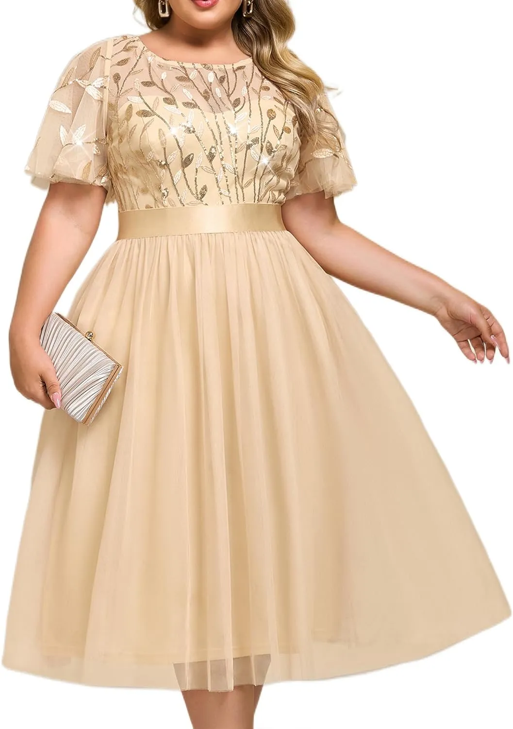 Ever-Pretty Plus Women's Round Neck Embroidery Short Sleeves Sequin Tulle Midi Plus Size Cocktail Wedding Guest Dresses