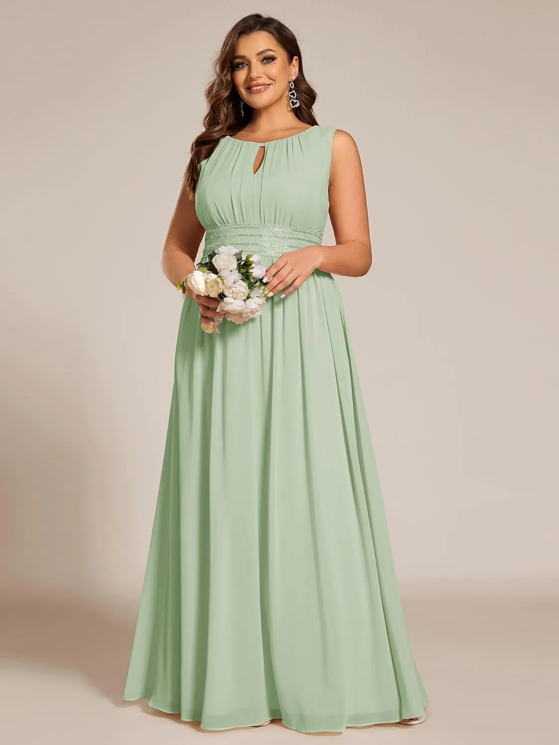 Ever-Pretty Plus Women's Summer Round Neck Sleeveless Empire Waist A Line Elegant Chiffon Plus Size Formal Dresses for Women