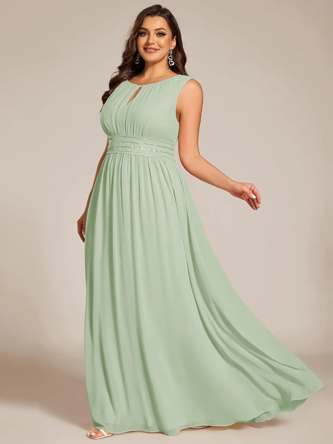 Ever-Pretty Plus Women's Summer Round Neck Sleeveless Empire Waist A Line Elegant Chiffon Plus Size Formal Dresses for Women
