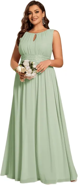 Ever-Pretty Plus Women's Summer Round Neck Sleeveless Empire Waist A Line Elegant Chiffon Plus Size Formal Dresses for Women
