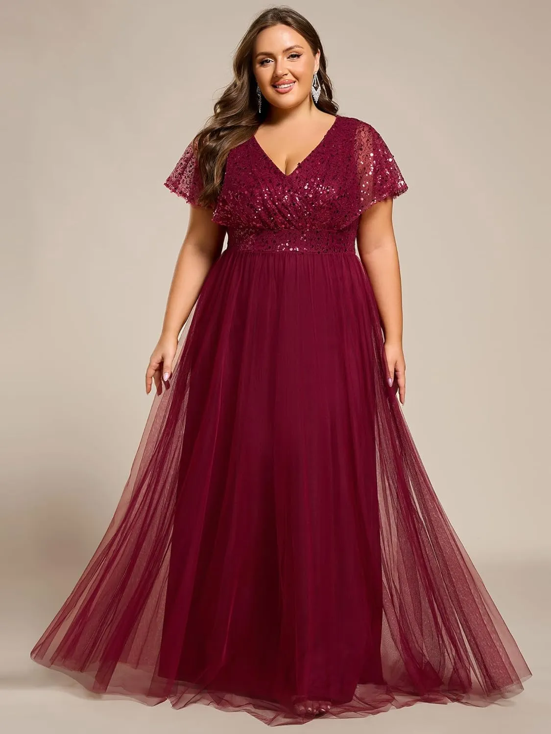 Ever-Pretty Plus Women's V Neck Curvy Short Sleeves A Line Sequin Plus Size Formal Evening Dresses 02223-DA
