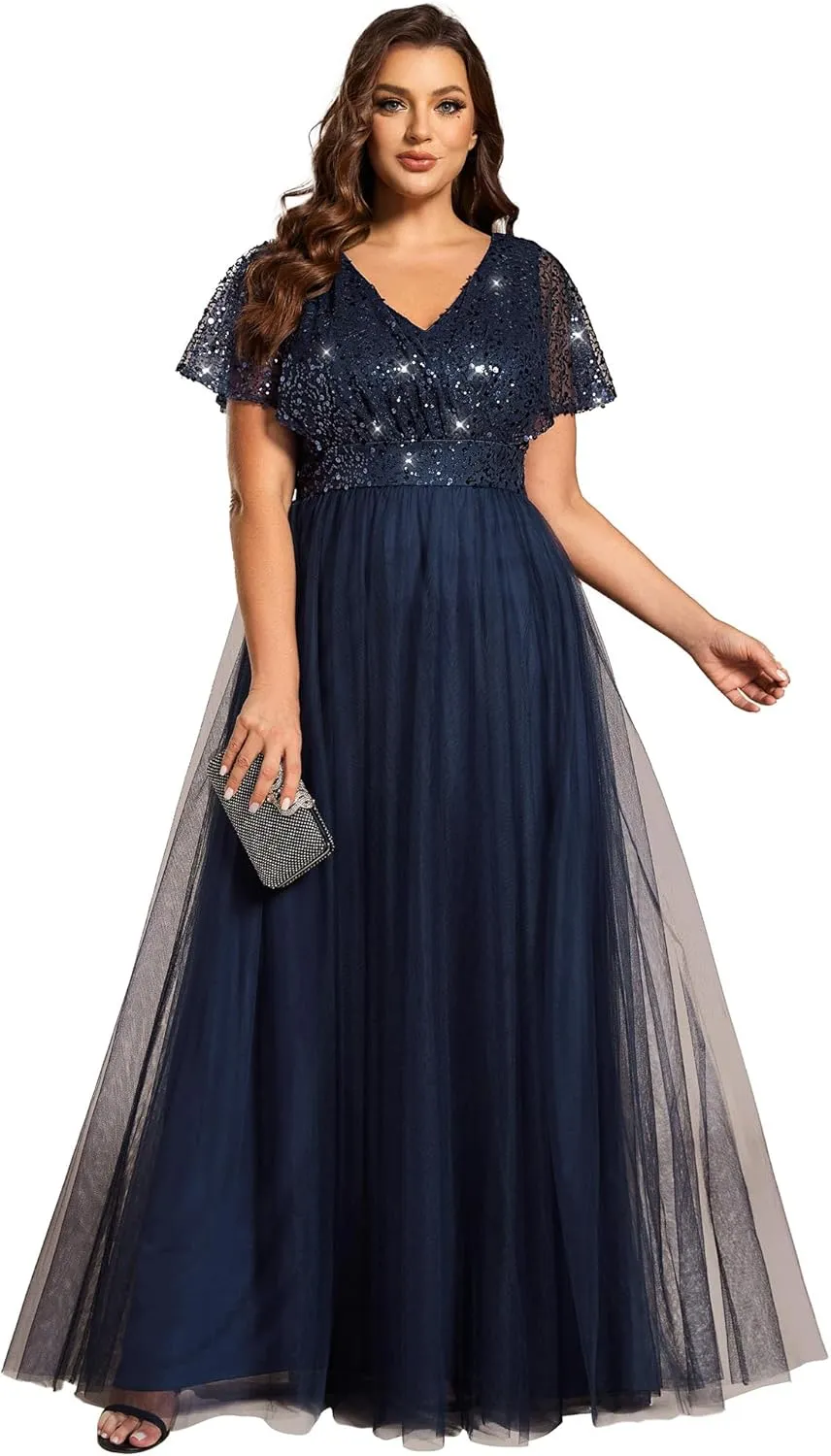 Ever-Pretty Plus Women's V Neck Curvy Short Sleeves A Line Sequin Plus Size Formal Evening Dresses 02223-DA
