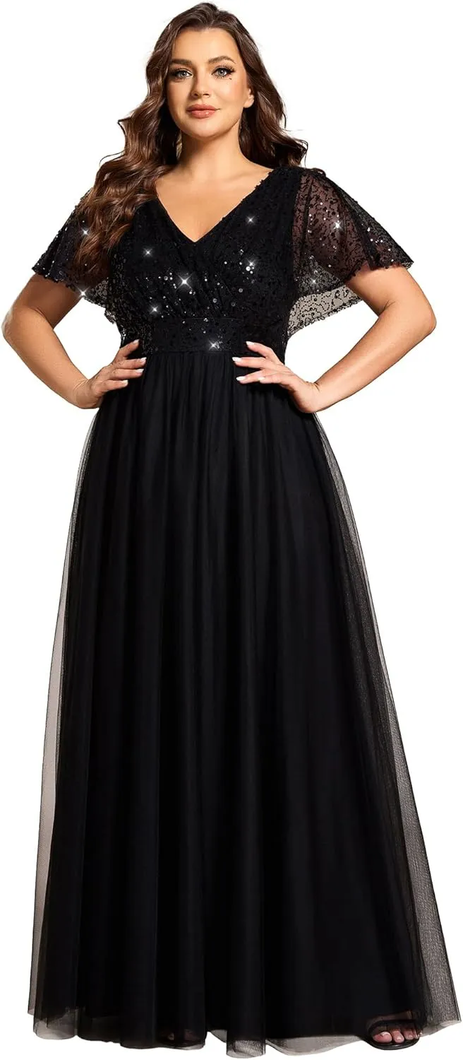 Ever-Pretty Plus Women's V Neck Curvy Short Sleeves A Line Sequin Plus Size Formal Evening Dresses 02223-DA