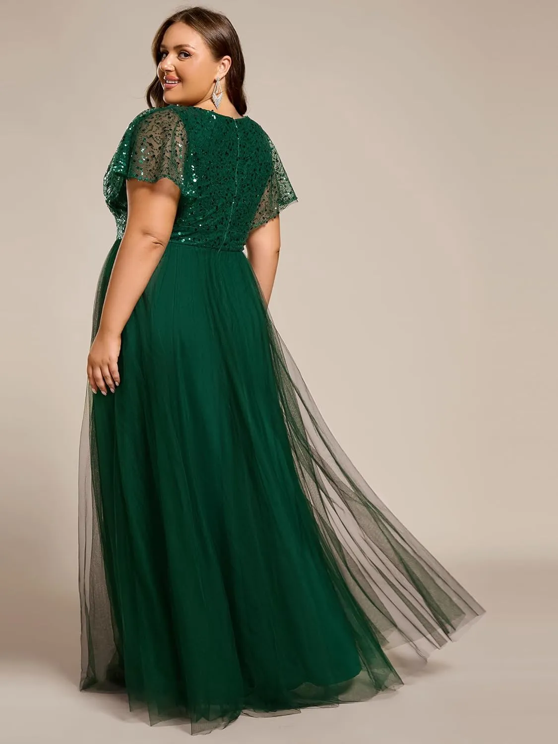 Ever-Pretty Plus Women's V Neck Curvy Short Sleeves A Line Sequin Plus Size Formal Evening Dresses 02223-DA