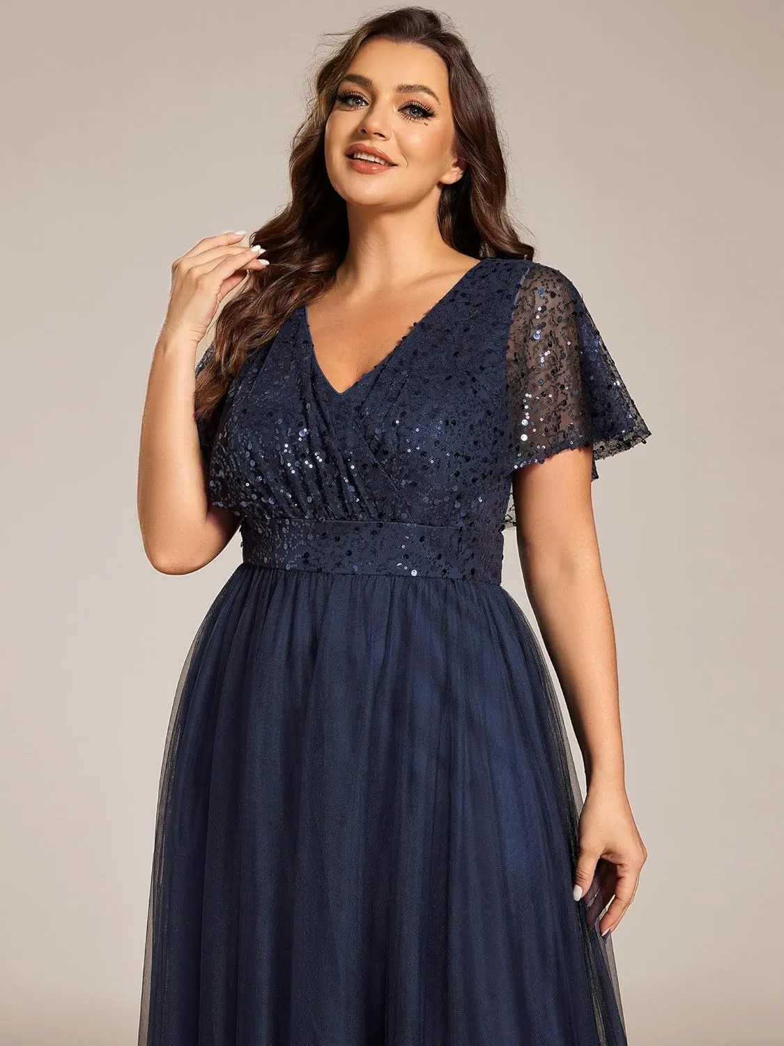 Ever-Pretty Plus Women's V Neck Curvy Short Sleeves A Line Sequin Plus Size Formal Evening Dresses 02223-DA
