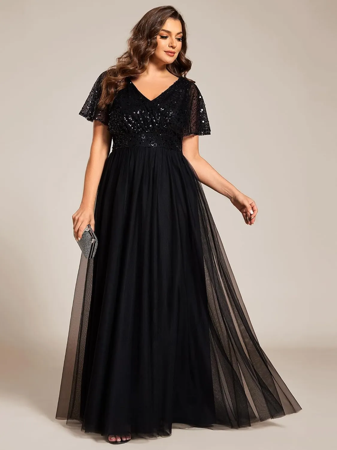 Ever-Pretty Plus Women's V Neck Curvy Short Sleeves A Line Sequin Plus Size Formal Evening Dresses 02223-DA