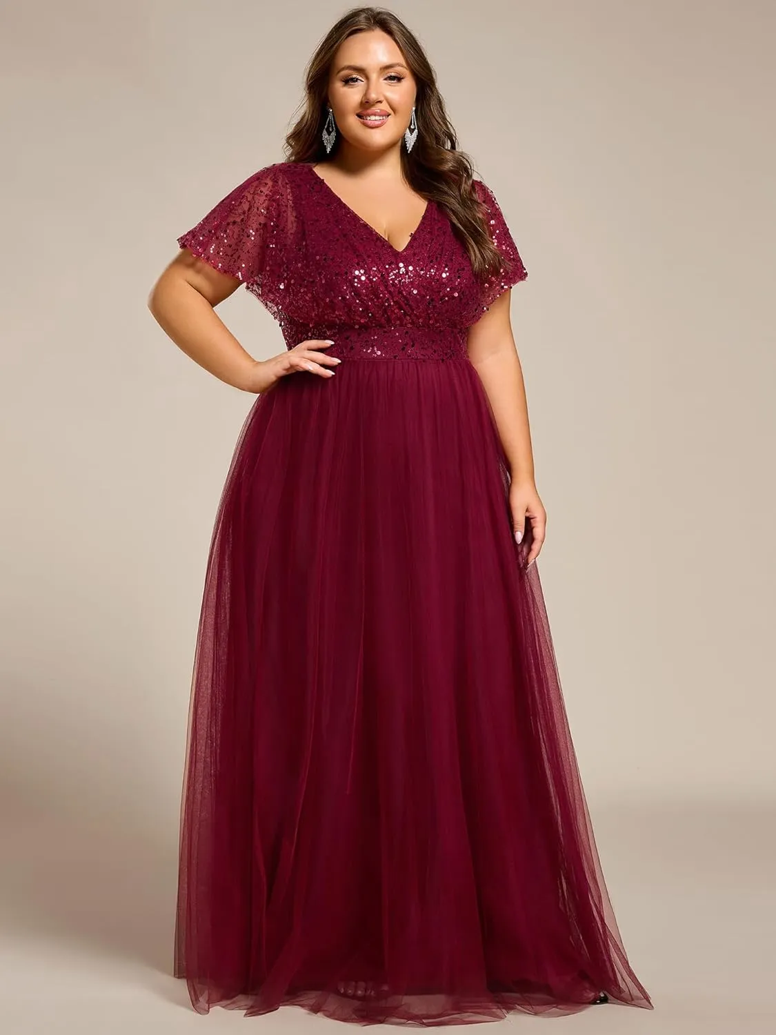 Ever-Pretty Plus Women's V Neck Curvy Short Sleeves A Line Sequin Plus Size Formal Evening Dresses 02223-DA