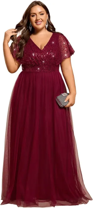 Ever-Pretty Plus Women's V Neck Curvy Short Sleeves A Line Sequin Plus Size Formal Evening Dresses 02223-DA